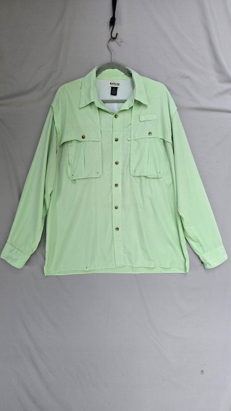 Magellan Sportswear Shirt Mens Large Green Vented Fishing Long Sleeve *holes